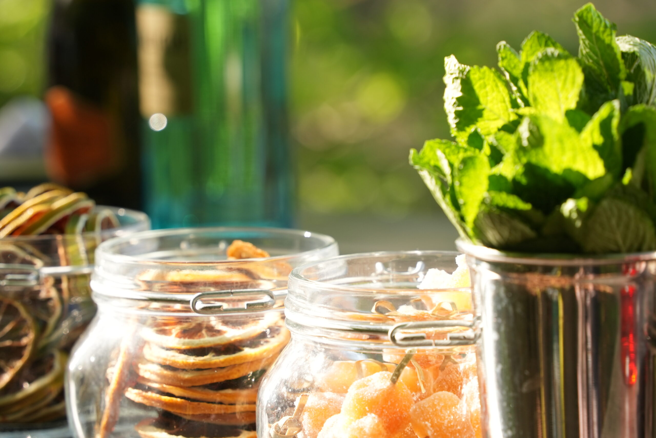 Cocktail garnishes at a bar in sunlight